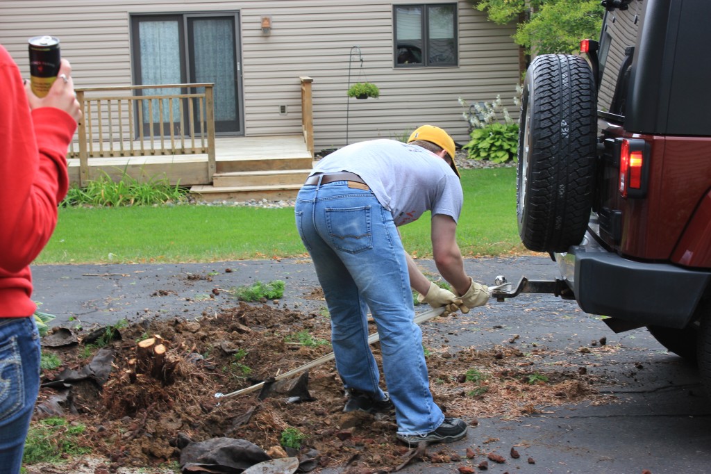 It doesn't get much simpler than digging a hole and using a tow cable to yank the trunk out of the ground.